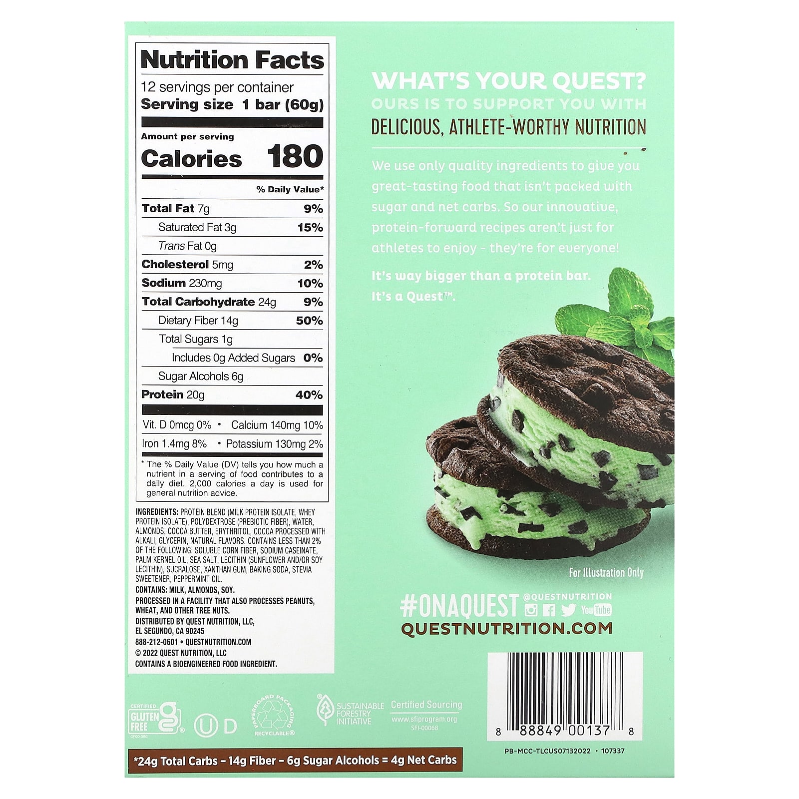 Quest Nutrition, Protein Bar, Mint Chocolate Chunk, 12 Bars, 2.12 oz ...