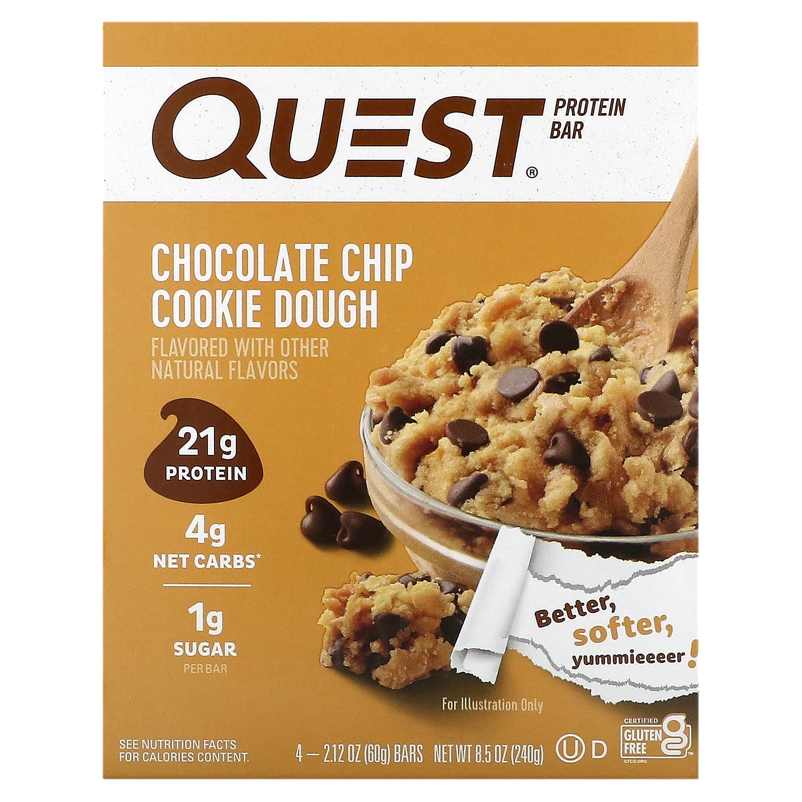Quest Nutrition, プロテインバー、チョコチップクッキードウ、4本、各60g（2.12オンス）