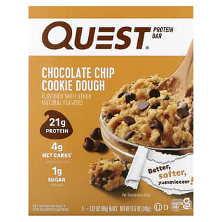 Quest Nutrition, Barre protéinée, Pâte à biscuits aux pépites de chocolat, 4 barres, 60 g chacune