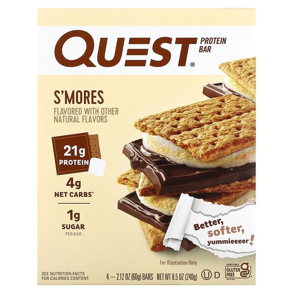 Quest Nutrition, Protein Bar, S'Mores, 4 Bars, 2.12 oz (60 g) Each