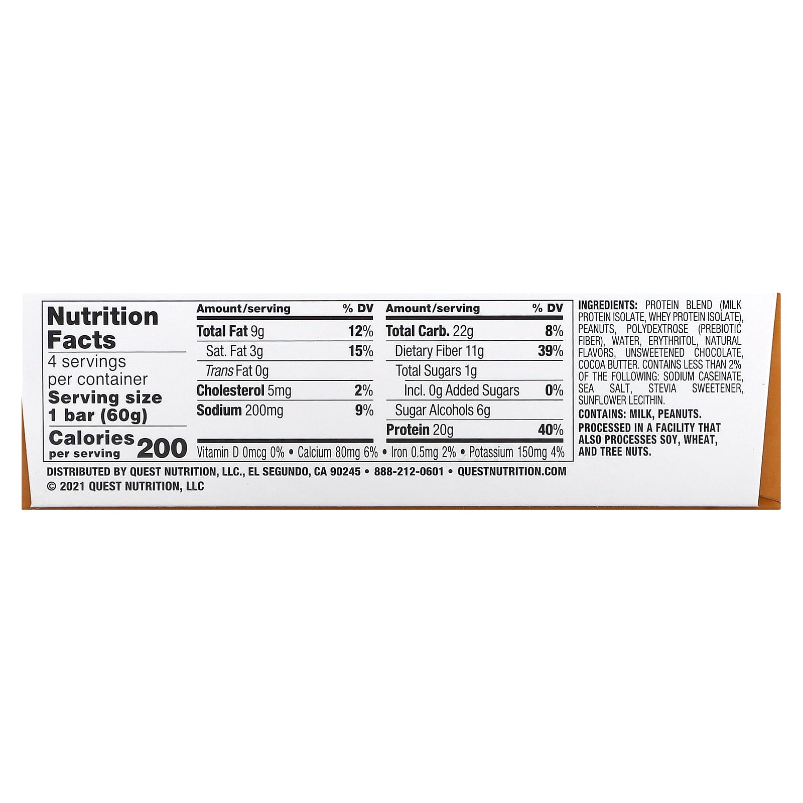 Quest Nutrition, Protein Bar, Chocolate Peanut Butter, 4 Bars, 2.12 oz