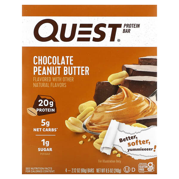 Quest Nutrition, Protein Bar, Chocolate Peanut Butter, 4 Bars, 2.12 oz (60 g) Each