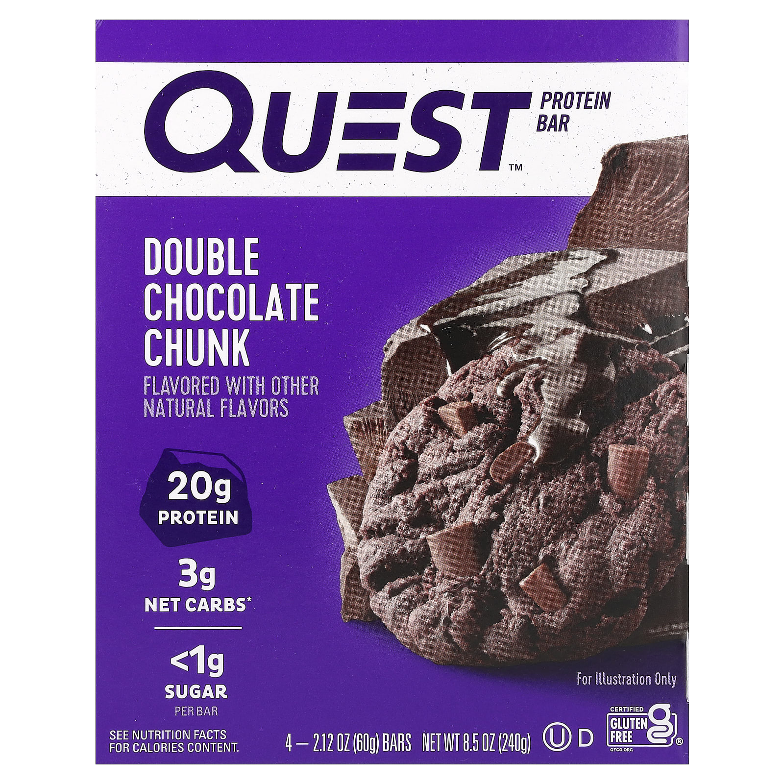 プロテインバー、ダブルチョコレートチャンク、4本、各60g（2.12オンス）