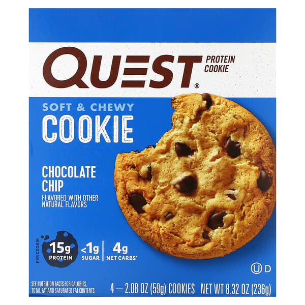 Quest Nutrition‏, עוגיית חלבון, שוקולד צ‘יפס, 4 עוגיות, 59 גרם (2.08 אונקיות) ליחידה