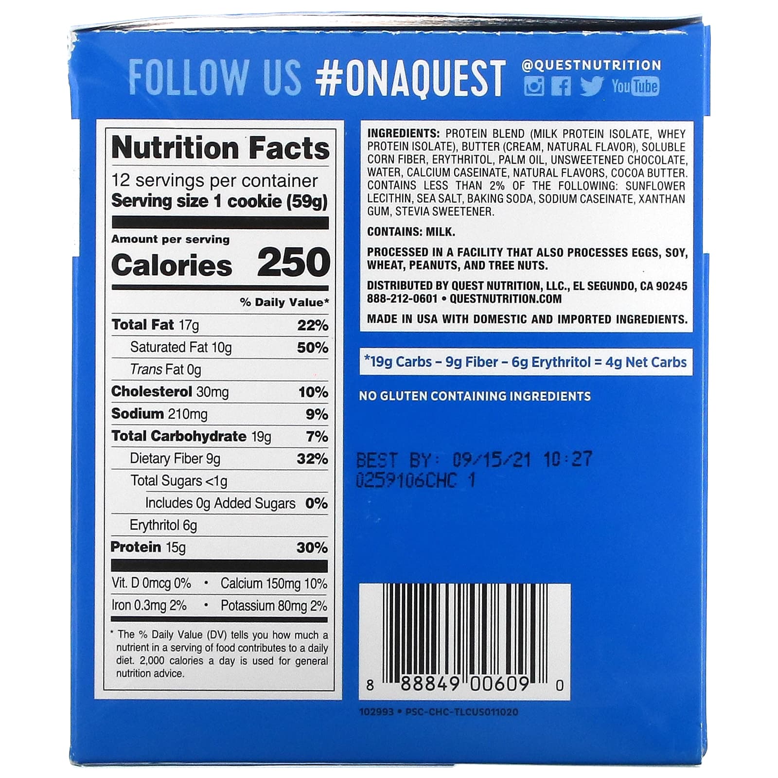 Quest Cookie Nutrition Information