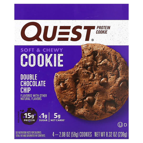 Quest Nutrition‏, עוגיית חלבון, דאבל שוקולד צ'יפס, 4 עוגיות, 59 גרם (2.08 אונקיות) ליחידה