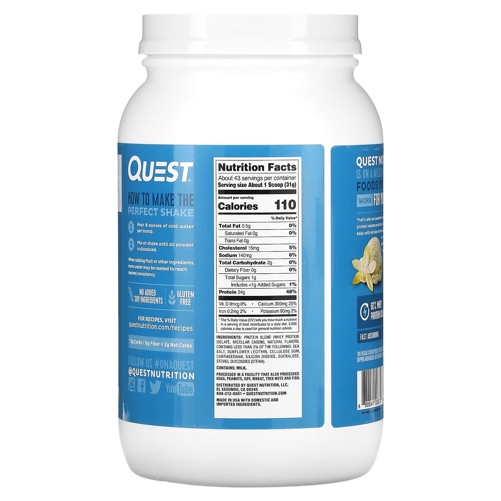 Quest Nutrition, Protein Powder, Vanilla Milkshake, 3 lb (1.36 kg)