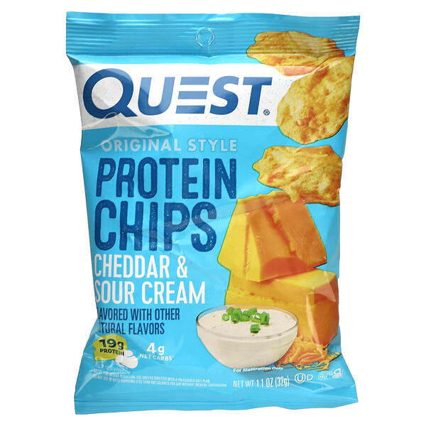 Quest Nutrition‏, צ'יפס חלבון בסגנון מקורי, בטעם צ'דר ושמנת חמוצה, 8 שקיות, 32 גרם (1.1 אונקיות)