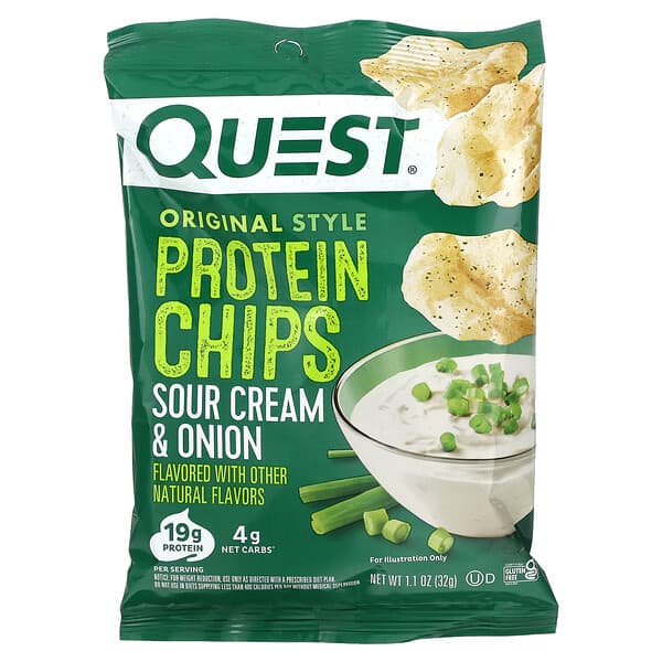 Quest Nutrition‏, צ'יפס חלבון בסגנון מקורי, בטעם שמנת חמוצה ובצל , 8 שקיות, 32 גרם (1.1 אונקיות) ליחידה