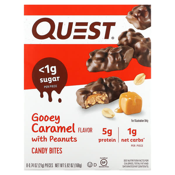 Quest Nutrition‏, Candy Bites, חטיפי ביס, קרמל דביק ובוטנים, 8 חטיפי ביס, 21 גרם (0.74 אונקיות) ליחידה