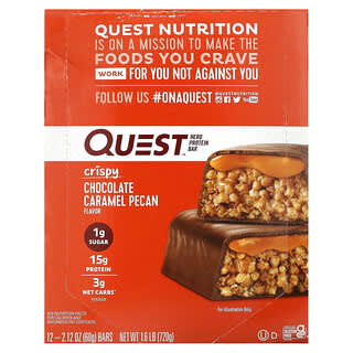 Quest Nutrition, Hero Protein Bar, chrupiące czekoladowo-karmelowe z orzechami pekan, 12 batonów po 60 g
