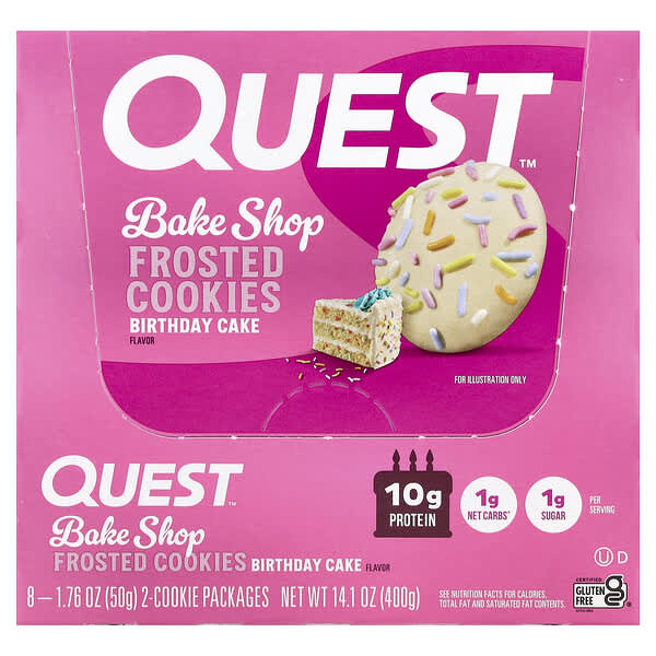Quest Nutrition Bake Shop Frosted Cookies, Birthday Cake, 8 Packages, 1.76 oz (50 g) Each