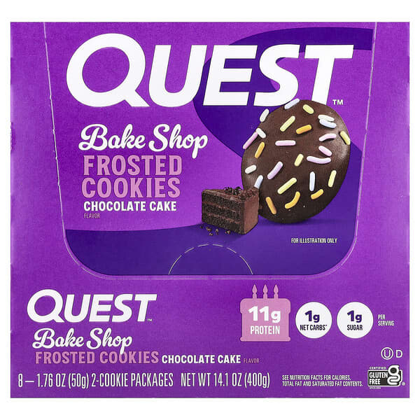Quest Nutrition Bake Shop Frosted Cookies, Chocolate Cake, 8 Packages, 1.76 oz (50 g) Each