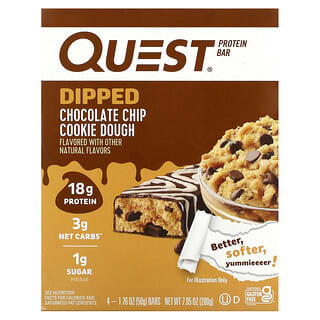 Quest Nutrition, Protein Bar, Dipped, Chocolate Chip Cookie Dough, 4 Bars, 1.76 oz (50 g) Each