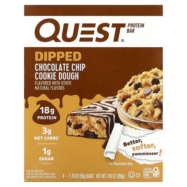 Protein Bar, Dipped Chocolate Chip Cookie Dough, 4 Bars, 1.76 oz (50 g) Each