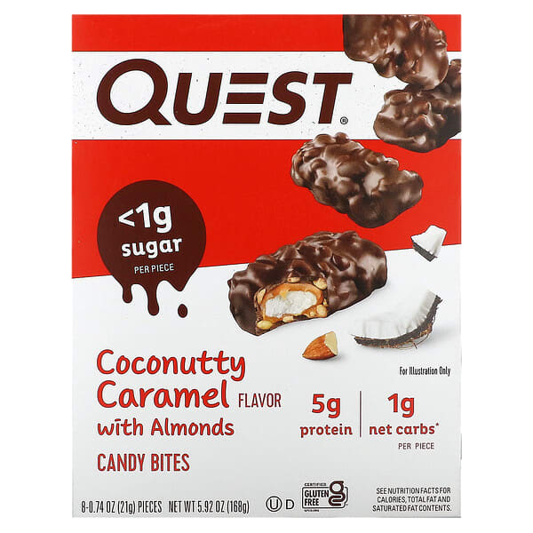 Quest Nutrition‏, חטיפי ביס, קרמל קוקוס עם שקדים, 8 יחידות, 21 גרם (0.74 אונקיה) כל אחד