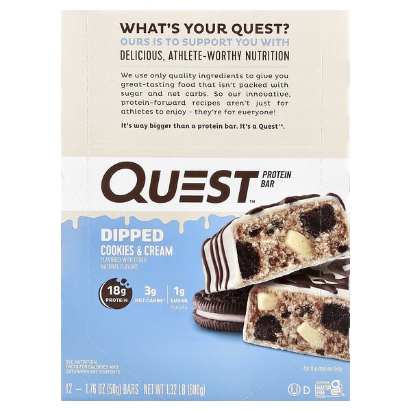 Protein Bar, Dipped Cookies & Cream, 12 Bars, 1.76 oz (50 g) Each