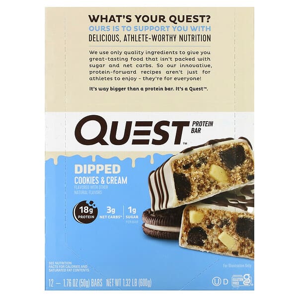 Quest Nutrition, Protein Bar, Dipped Cookies & Cream, 12 Bars, 1.76 oz