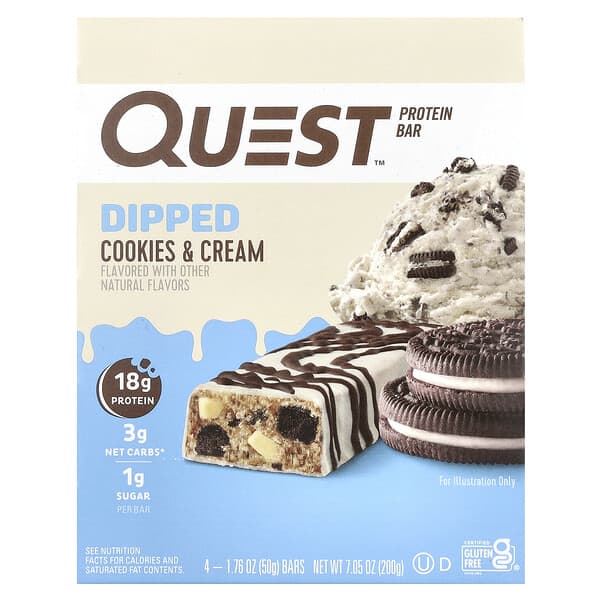 Protein Bar, Dipped, Cookies & Cream, 4 Bars, 1.76 oz (50 g) Each
