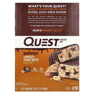 Quest Nutrition, Protein Bar, Dipped Chocolate Peanut Butter, 12 Bars, 1.76 oz (50 g) Each