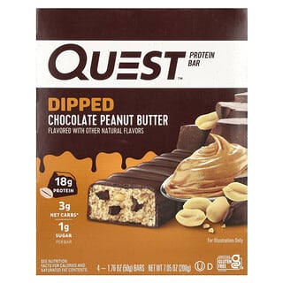 Quest Nutrition, Barre protéinée, Beurre de cacahuète enrobé de chocolat, 4 barres, 50 g pièce