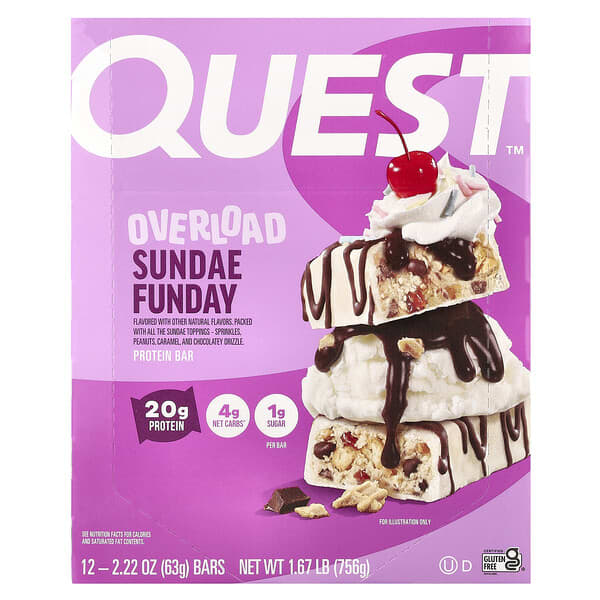 Overload Protein Bar, Sundae Funday, 12 Bars, 2.22 oz (63 g) Each