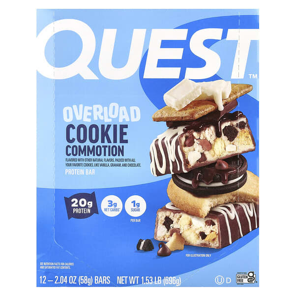 Quest Nutrition, Overload Protein Bar, Cookie Commotion, 12 Bars, 2.04 oz (58 g) Each