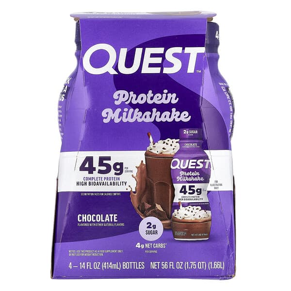 Quest Nutrition Protein Milk Shake, Chocolate, 4 Bottles, 14 fl oz (414 ml) Each