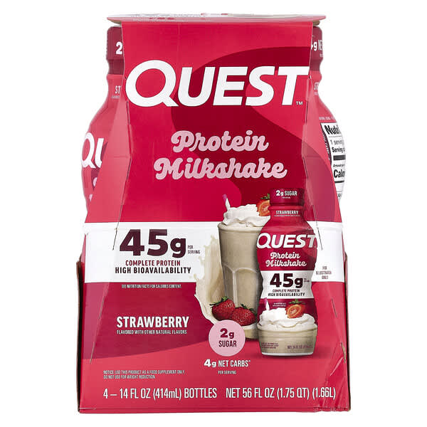 Quest Nutrition Protein Milk Shake, Strawberry, 4 Bottles, 14 fl oz (414 ml) Each