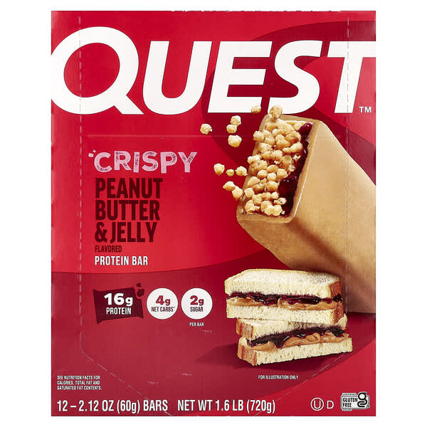 Quest Nutrition, Baton proteinowy, chrupiące masło orzechowe i galaretka, 12 batonów, 60 g