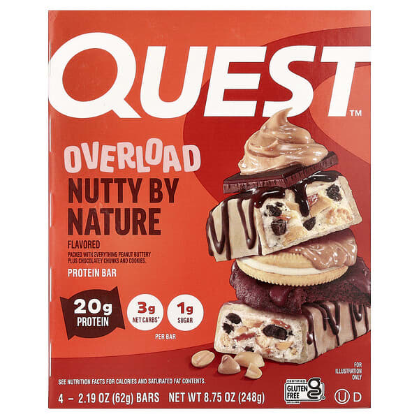 Quest Nutrition, 오버로드 프로틴바, Nutty By Nature, 바 4개, 각 62g(2.19oz)