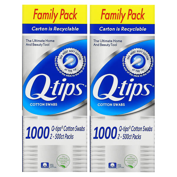 Q-tips, Hisopos de algodón, Paquete familiar, Paquete de 2, 500 hisopos cada uno