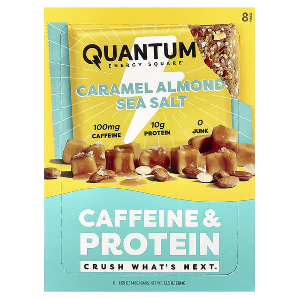 Quantum Energy Square, 카페인 및 프로틴바, 캐러멜 아몬드 천일염, 바 8개, 각 48g(1.69oz)