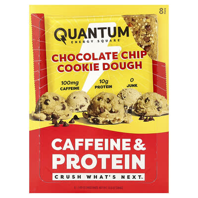 Quantum Energy Square, Caffeine & Protein Bar, Chocolate Chip Cookie Dough, 8 Bars, 1.69 oz (48 g) Each