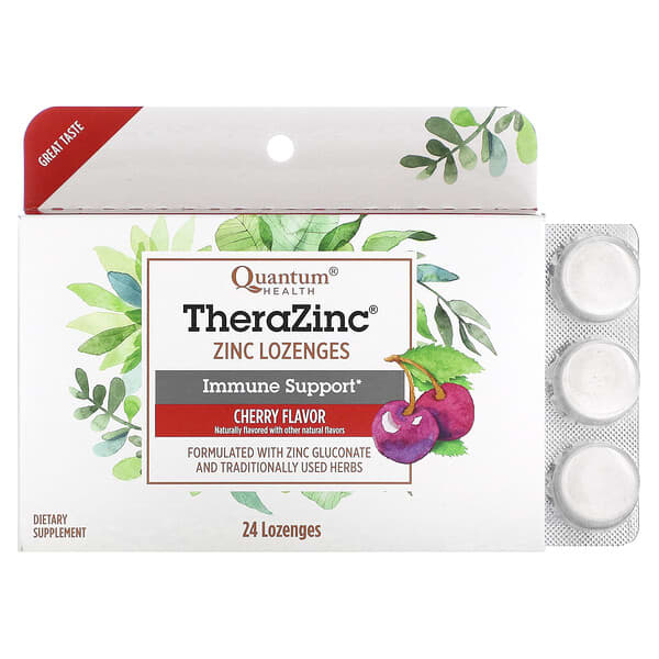 Quantum Health, TheraZinc, 면역력 강화, 체리 맛, 사탕 정제 24정
