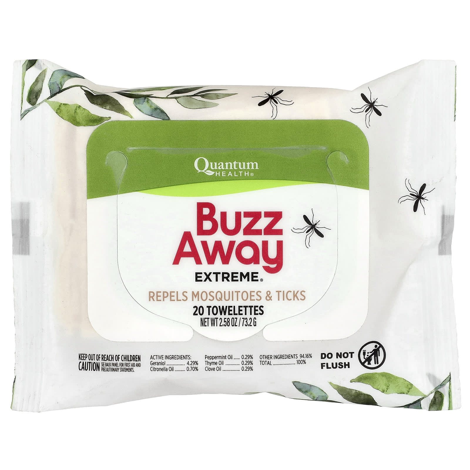 Quantum Health, Buzz Away Extreme®, средство от комаров и клещей, 20 салфеток, 73,2 г (2,58 унции)