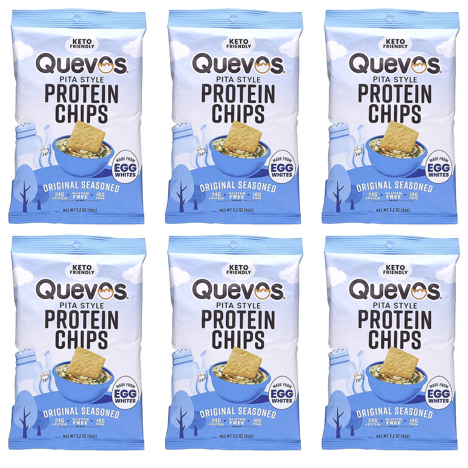 Quevos, Pita Style Protein Chips, Original Seasoned, 6 Family Pack Bags