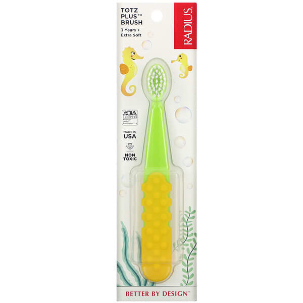 RADIUS‏, מברשת שיניים Totz Plus, גיל 3 ומעלה, רכה במיוחד, ירוק/צהוב, מברשת שיניים אחת
