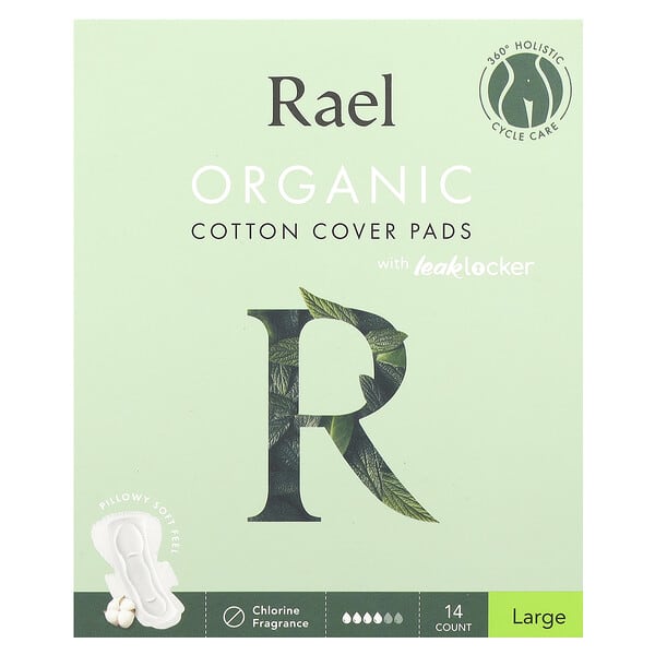 Rael, ผ้าอนามัยฝ้ายออร์แกนิก พร้อม Leaklocker ป้องกันการซึมเปื้อน ขนาดใหญ่ บรรจุ 14 ชิ้น