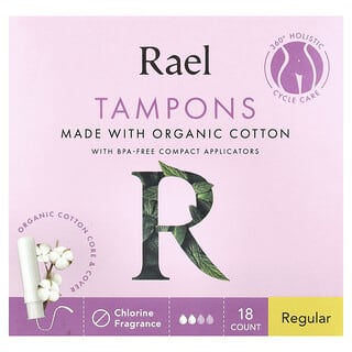 Rael, Tampones de algodón orgánico, Regulares, Sin fragancia, 18 unidades