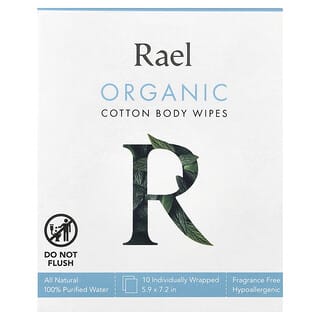 Rael, Lingettes pour le corps en coton biologique sans parfum, 10 lingettes emballées individuellement