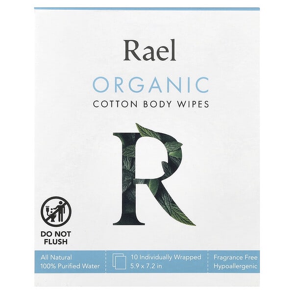 Rael, 유기농 순면 바디 티슈, 향료 무함유, 개별 포장 10개