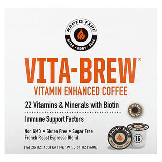 RAPIDFIRE, Vita-Brew, Café con vitaminas mejoradas, Mezcla de expreso de tostado francés, 16 tazas K, 10 g (0,35 oz) cada una