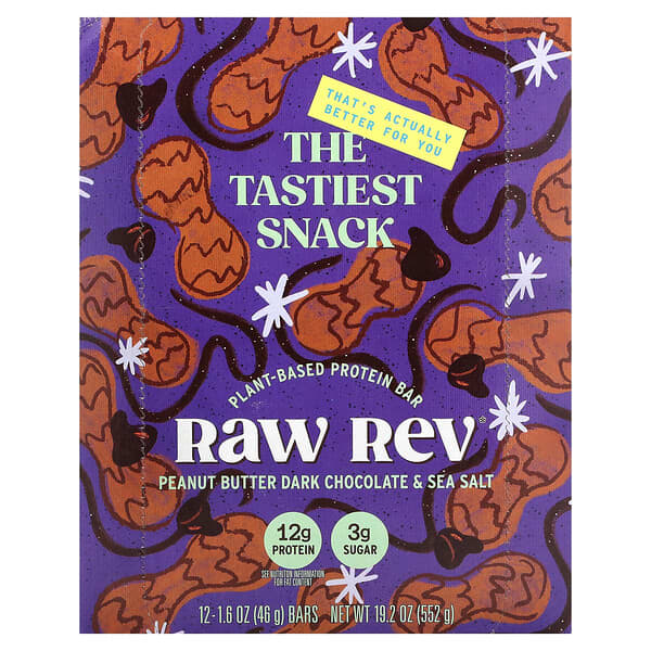 Raw Rev, Plant-Based Protein Bar, Peanut Butter Dark Chocolate & Sea Salt, 12 Bars, 1.6 oz (46 g) Each