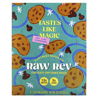 Raw Rev‏, חטיף חלבון על בסיס צמחי, בצק עוגיות עם שבבי שוקולד, 12 חטיפים, 46 גרם (1.6 אונקיות) כל אחד