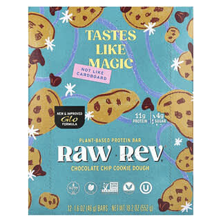 Raw Rev, Barre protéinée à base de plantes, Pâte à cookies aux pépites de chocolat, 12 barres, 46 g pièce