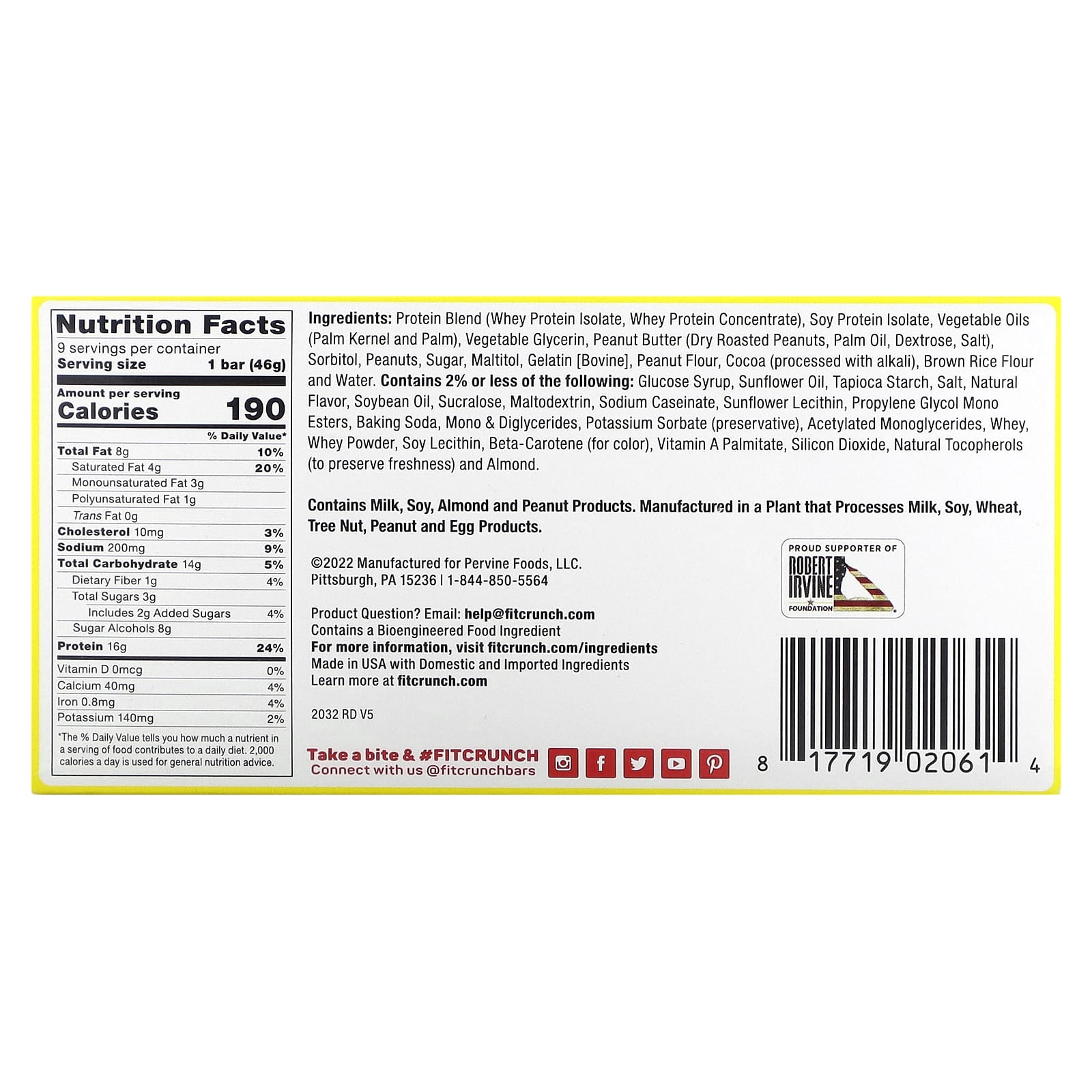 FITCRUNCH, High Protein Baked Bar, Chocolate Peanut Butter, 9 Bars, 1.