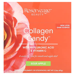Reserveage Beauty, Collagen Candy（コラーゲンキャンディ）、サワーアップル、スティックパック20本、各3.35g（0.1オンス）