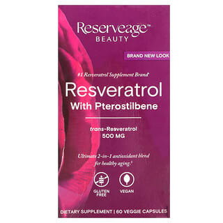 Reserveage Beauty, プテロスチルベンと活性トランスレスベラトロール配合レスベラトロール、500 mg、植物性60ベジカプセル