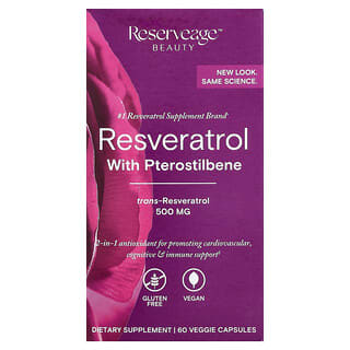 Reserveage Beauty, プテロスチルベンと活性トランスレスベラトロール配合レスベラトロール、500 mg、植物性60ベジカプセル